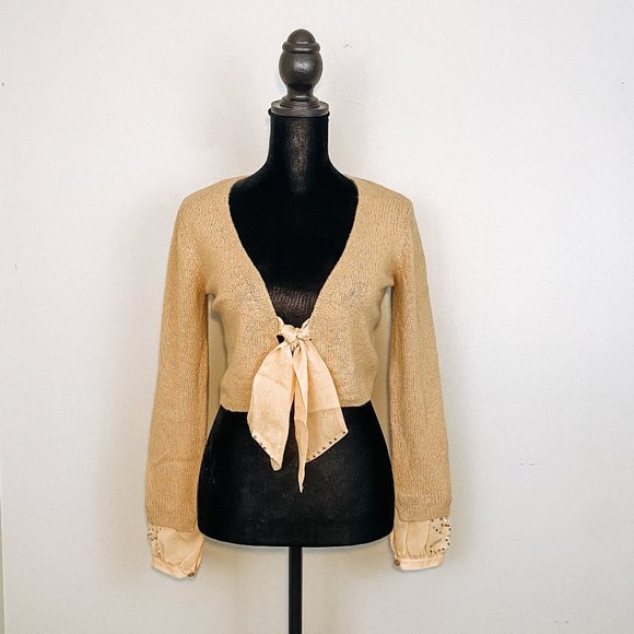 INC International Concepts Mustard 3/4 sleeve Sequined Cuffs & Tie Front Sweater - Picture 1 of 12